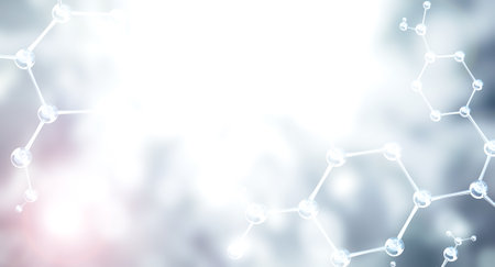 Horizontal banner with model of abstract molecular structure. Background of blue color with atom and sparks. Copy space for your text. 3d renderの写真素材