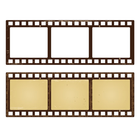 Set of old retro film strip with empty transparent frames. Isolated on white background. Reel cinema filmstrip template. Vintage movie and photography design. Vector illustration EPS8のイラスト素材