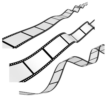Set of old retro film strip with empty transparent frames. Isolated on white background. Reel cinema filmstrip template. Vintage movie and photography design. 3d renderの写真素材
