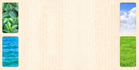 Nature resource and cardboard texture. Horizontal banner with eco paper texture and grass, sky, water. Ecology and zero waste concept. Global ecological resource. Copy space for text. Mock up templateの写真素材