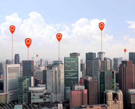 Network connection concept. Aerial view on Osaka with red location pin. Global positioning system pin map. Map pins with Osaka city, Japanの写真素材
