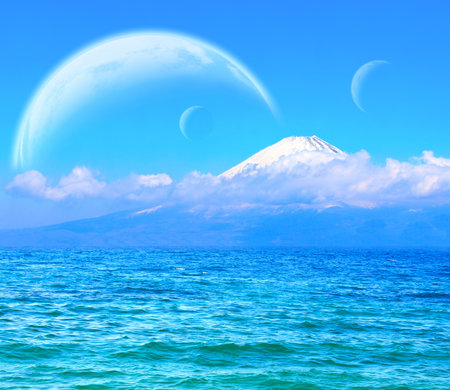 Fantastic landscape with mountain and planets in blue sky. Beautiful scenic with lake, three planets in sky and snow-covered mountain. 3d render. Elements of this image furnished by NASAの写真素材