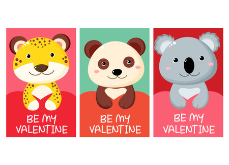 Set of Valentine's day cards with cute animal - panda, koala, leopard. Baby collection of gift tag with animal. Template holiday banner, sticker for decoration, congratulation, invitation. Vector EPS8のイラスト素材