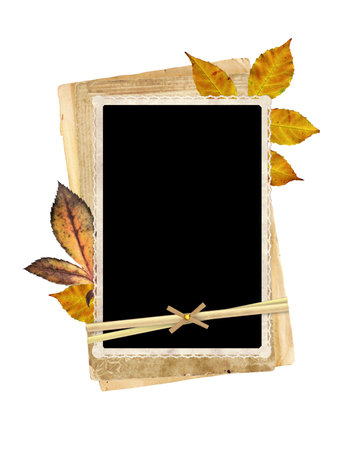 Retro photo and autumn leaf. Vintage elements for scrapbooking. Isolated on white background. Mock up template. Copy space for textの写真素材