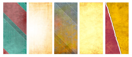 Set of vertical or horizontal banners with old paper texture and retro patterns with strips. Vintage backgrounds with grunge paper materialの写真素材