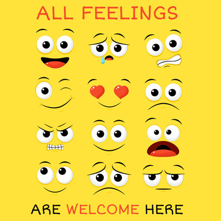 All feeling are welcome here. Vector banner with affirmation for kids playroom. Cute inspirational card with emojis and lettering. Motivational quote for poster, nursery, t-shirt. Vector EPS8のイラスト素材