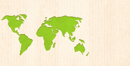 Ecology and zero waste concept. World map silhouette on cardboard texture. Horizontal banner with eco paper texture. Global ecological resource. Copy space for text. Mock up templateの写真素材