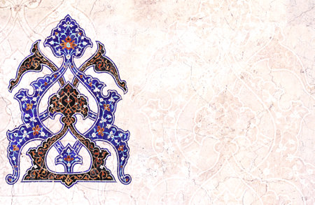 Detail of traditional persian mosaic wall with geometrical and floral ornament, Iran. Horizontal background with ceramic tile. Mock up template. Copy space for textの写真素材