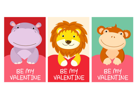 Set of Valentine's day cards with cute animal - hippo, monkey, lion. Baby collection of gift tag with animal. Template holiday banner, sticker for decoration, congratulation, invitation. Vector EPS8のイラスト素材