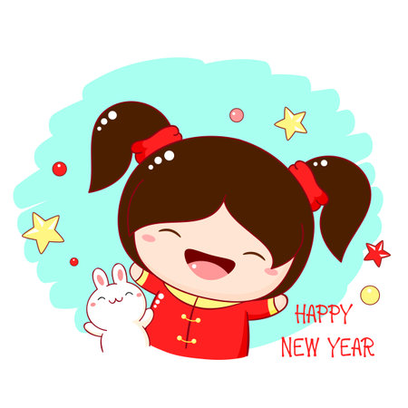 Cute little girl with bunny. Inscription Happy new year.  Square holiday card, Gift tag, card, badge, sticker with baby friends - girl and rabbit. Vector illustration EPS8のイラスト素材