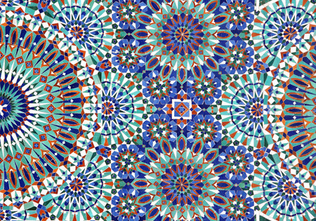 Detail of ancient mosaic wall with geometric ornaments. Horizontal or vertical background with traditional moroccan tile decorationの写真素材