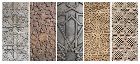 Set of vertical or horizontal banners with traditional islamic ornament on wooden and metal doors. Window shutters with antique iranian pattern. Ornament with carving for wood and chasing for brassの写真素材