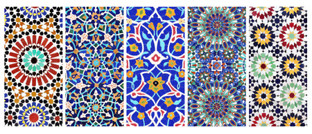 Set of vertical or horizontal banners with detail of ancient mosaic walls with floral and geometric ornaments. Collection of backgrounds with traditional iranian tile decorationsの写真素材