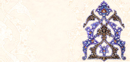 Detail of traditional persian mosaic wall with geometrical and floral ornament, Iran. Horizontal or vertical background with ceramic tile. Mock up template. Copy space for textの写真素材