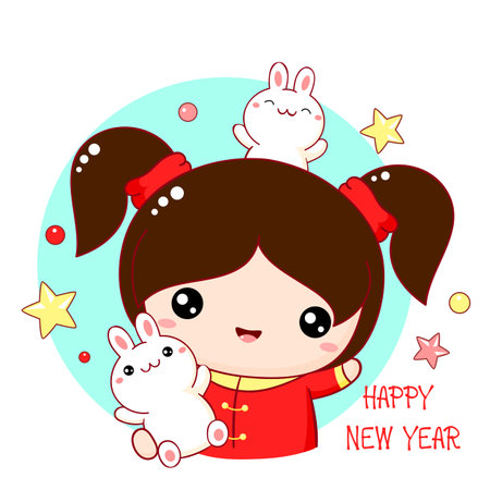 Cute little girl with two bunnies. Inscription Happy new year.  Square holiday card, Gift tag, card, badge, sticker with baby friends - girl and rabbits. Vector illustration EPS8のイラスト素材