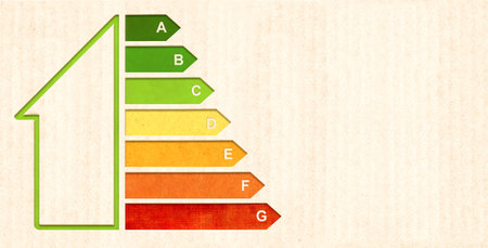 Energy efficiency chart on cardboard texture. Horizontal banner with eco paper texture and energy efficiency house symbol. Energy class, bio energetic and ecology concept. Copy space for textの写真素材