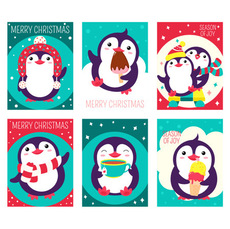Set of Christmas vertical gift tag, card, badge, sticker with cute penguins. Inscription - Merry Christmas. Template card for greeting, decoration, congratulation, invitation. Vector illustration EPS8のイラスト素材