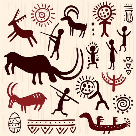 Set with prehistoric rock painting petroglyphs depicting human and animal. Cave art with ancient wild animal, hunter and ornament. Palaeolithic Petroglyphs with hunting scene. Vector illustration EPS8のイラスト素材