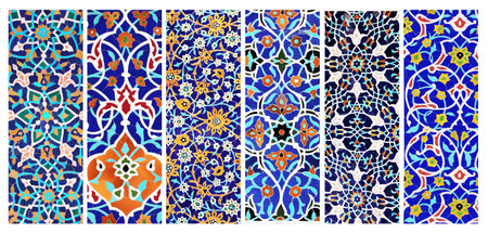 Set of vertical or horizontal banners with detail of ancient mosaic walls with floral and geometric ornaments. Collection of backgrounds with traditional iranian tile decorationsの写真素材