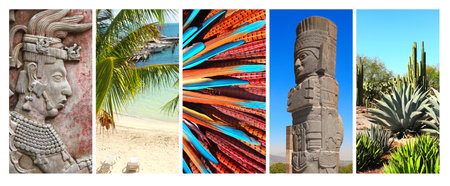 Collection of vertical banners with scenes and landmarks of Mexico -  cactus garden, sunny beach, bas-relief of mayan king Pakal, atlantean in Tula. Travel, vacation and tourism conceptの写真素材