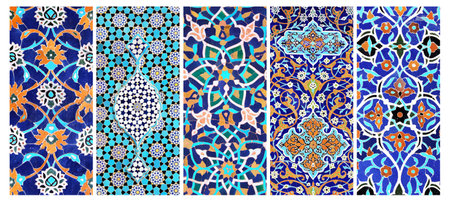 Set of vertical or horizontal banners with detail of ancient mosaic walls with floral and geometric ornaments. Collection of backgrounds with traditional iranian tile decorationsの写真素材
