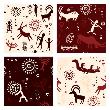Set of seamless pattern with prehistoric petroglyphs - humans and animals. Endless texture can be used for wallpaper, pattern fills, web page background, surface textures. Vector illustration EPS8のイラスト素材
