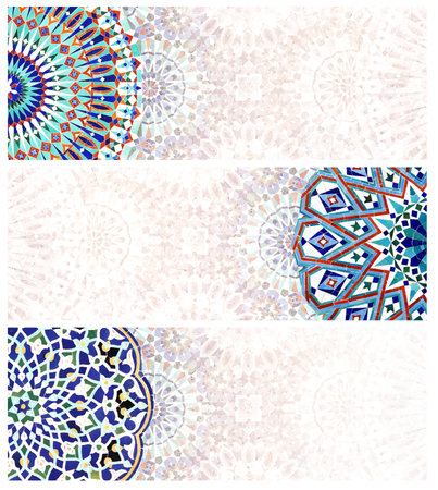 Set of vertical or horizontal banner with detail of traditional persian mosaic with geometrical and floral ornament, Iran. Collection of background with ceramic tile. Copy space for textの写真素材