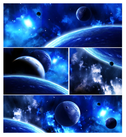 Set of horizontal space banners with planets, nebula and stars.