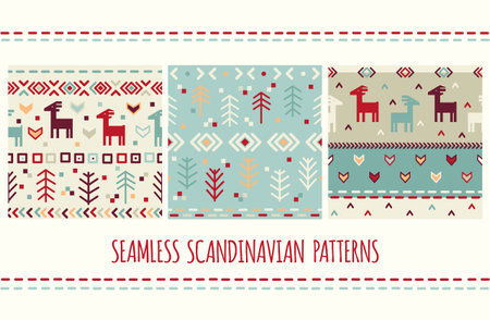 Set of seamless pattern with nordic tribal ornament with deer. Scandinavian style decor. Endless texture can be used for pattern fills, web page background, surface texture. Vector illustration EPS8のイラスト素材