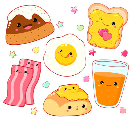 Breakfast time. Set of cute food icons in kawaii style for sweet design. Scrambled eggs, cupcake, orange juice, butter bun, honey sandwich, bacon. Vector illustration EPS8のイラスト素材