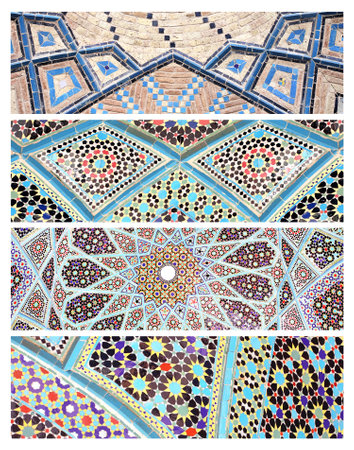 Set of horizontal banners with detail of traditional persian mosaic arch with geometrical ornament, Iranの写真素材