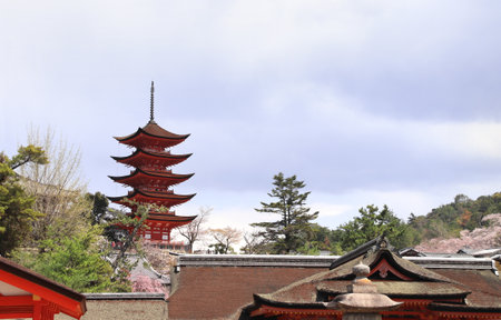 Goju-no-to pagoda (Gojunoto pagoda, Five storied pagoda) of Itsukushima Shrine, sacred Miyajima Island, Japanのeditorial素材
