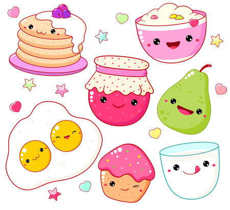 Breakfast time. Set of cute food icons in kawaii style for sweet design. Scrambled eggs, cupcake, milk, oatmeal, pear, pancakes, jam. Vector illustration EPS8のイラスト素材