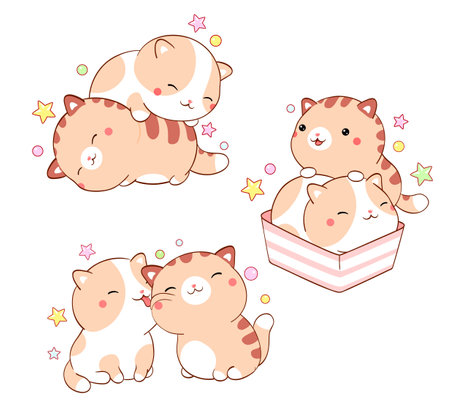 Set of cute fat kitty kawaii style. Collection of two lovely little cats. Can be used for t-shirt print, stickers, greeting card design. Vector illustration EPS8のイラスト素材