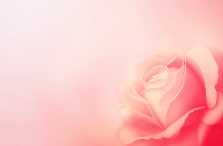 Horizontal banner with rose of pink color on blurred background. Copy space for text. Mock up template. Can be used for wallpaper, wedding card, web page backdropの写真素材