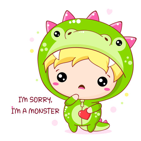 Apologize card with sad cute baby in monster costume. Inscription I'm sorry, I'm a monster. Cute little boy apologize. Vector illustration EPS8のイラスト素材