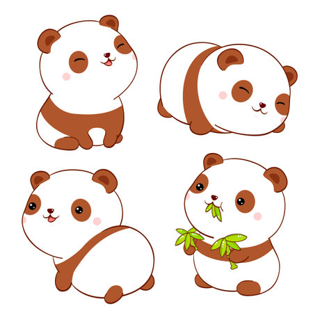 Set of cute fat pandas kawaii style. Collection of lovely baby  panda in different poses. Can be used for t-shirt print, stickers, greeting card design. Vector illustration EPS8のイラスト素材