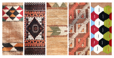 Set of vertical or horizontal banners with textures of berber traditional wool carpet with geometric pattern, Morocco, Africaの写真素材