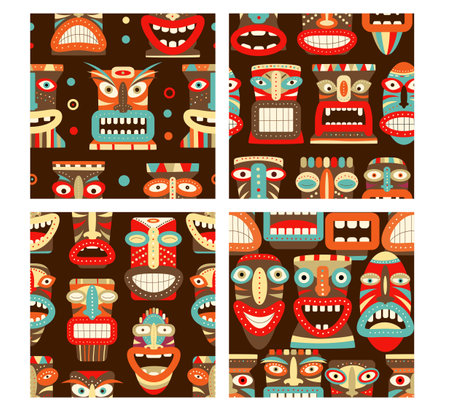 Set of seamless pattern with hawaiian tiki mask. Collection of swatches with polynesian or african totems. Texture for wallpaper, web page background, surface textures. Vector illustration EPS8のイラスト素材