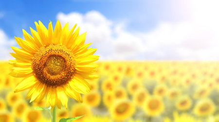 Sunflower on blurred sunny nature background. Horizontal agriculture summer banner with sunflowers field. Organic food production. Harvest of farm product. Oilseed crop. Copy space for textの写真素材