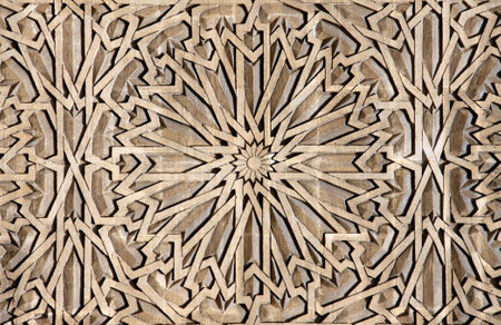 Traditional islamic ornament on wooden door. Window shutters with antique iranian pattern. Ancient arabic ornament with carving for woodの写真素材