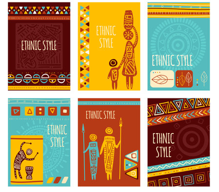 Set of ethnic banner, background, flyer, placard with tribal ornaments. Vertical poster, template card, sticker with geometric patterns and silhouettes of hunter, womens with jug. Vector illustrationのイラスト素材