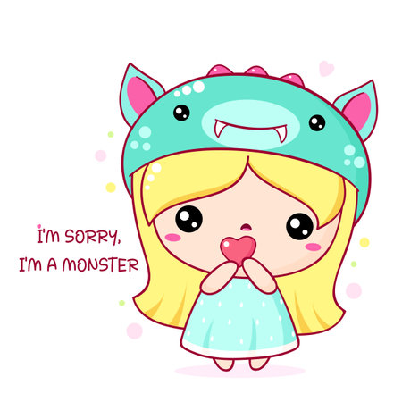 Apologize card with sad cute baby in monster costume. Inscription I'm sorry, I'm a monster. Cute little girl apologize. Vector illustration EPS8のイラスト素材