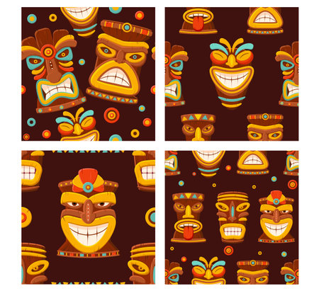 Set of seamless pattern with hawaiian tiki mask. Collection of swatches with polynesian or african totems. Texture for wallpaper, web page background, surface textures. Vector illustration EPS8のイラスト素材