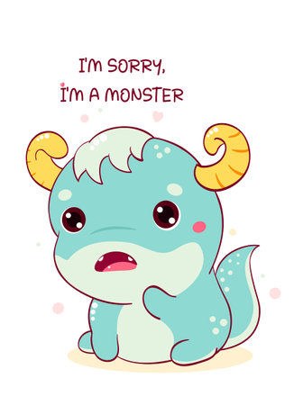 Apologize card with sad cute tiny monster. Inscription I'm sorry, I'm a monster. Cute baby monster apologize. Vector illustration EPS8のイラスト素材