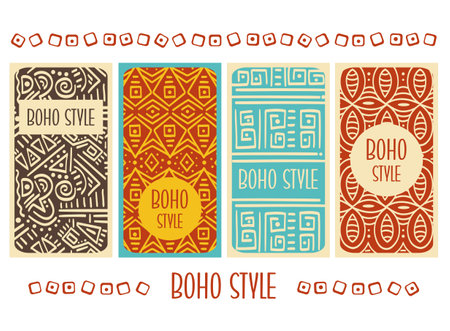 Set of vertical banners with tribal ornaments of red, yellow, blue and beige colors. Collection of label, sticker, tag in boho style. Vector illustration EPS8のイラスト素材