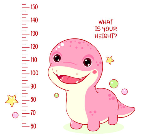 Height chart with kawaii baby dinosaur. Kids meter with cute little dino. Inscription - What is your height? Meter wall or baby scale of growth. Vector illustration EPS8のイラスト素材