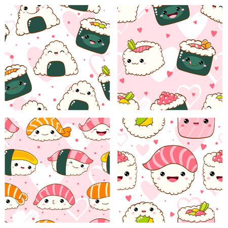 Set of seamless pattern with cute sushi and roll in kawaii style with smiling face. Japanese traditional cuisine dishes. Endless texture can be used for pattern fills, web page background. Vector EPS8のイラスト素材