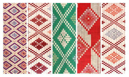 Set of vertical banners - sisal mat with traditional asian geometric patterns. Collection of jute handmade rug with ornament of red, green, blue, white and yellow colorの写真素材