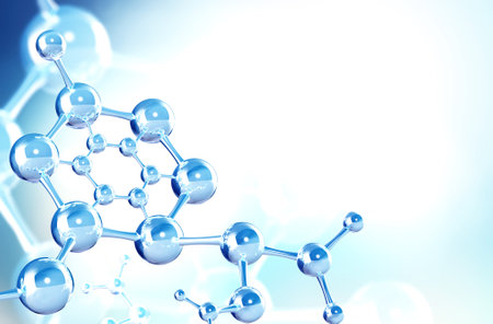 Horizontal banner with model of abstract molecular structure. Background of blue color with glass atom model. Copy space for your text. 3d renderの写真素材